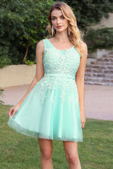 Pink Tulle Homecoming Dress A Line Sleeveless Short Prom Dress with Appliques