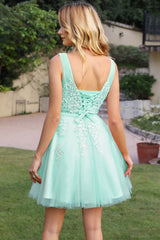 Pink Tulle Homecoming Dress A Line Sleeveless Short Prom Dress with Appliques