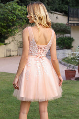 Pink Tulle Homecoming Dress A Line Sleeveless Short Prom Dress with Appliques