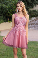 Pink Tulle Homecoming Dress A Line Sleeveless Short Prom Dress with Appliques