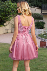 Pink Tulle Homecoming Dress A Line Sleeveless Short Prom Dress with Appliques