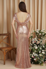 Golden Evening Dress Bateau Neck Sequin Bridesmaid Dress