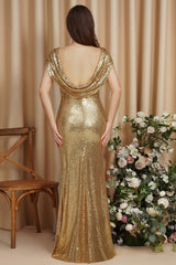 Golden Evening Dress Bateau Neck Sequin Bridesmaid Dress