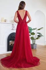 Red Formal Dress Crew Neck Lace Appliques Tulle Evening Dress