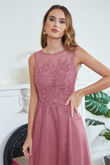 Red Formal Dress Crew Neck Lace Appliques Tulle Evening Dress