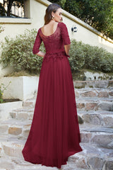 Burgundy Bateau Neck Mother of the Bride Dress 3/4 Sleeve Evening Dress