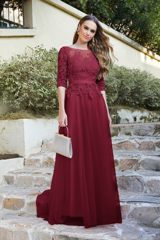 Burgundy Bateau Neck Mother of the Bride Dress 3/4 Sleeve Evening Dress