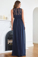 Navy Bridesmaid Dress A-line Lace Sleeveless Lace Chiffon Prom Dress