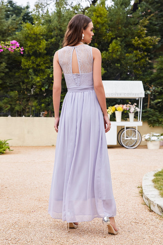 Lilac Lace Chiffon Bridesmaid Dress Bateau Neck Sleeveless Wedding Party Dress