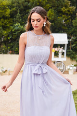 Lilac Lace Chiffon Bridesmaid Dress Bateau Neck Sleeveless Wedding Party Dress