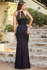 Black Halter Neck Bridesmaid Dress Mermaid Lace Evening Dress