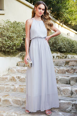 Silver Halter Neck Bridesmaid Dress Sleeveless Wedding Guest Dress