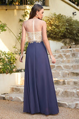 Navy Evening Dress Crew Neck Chiffon Bridesmaid Dress with Lace Appliques