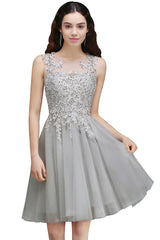 Silver Tulle Graduation Dress A Line Sleeveless Short Prom Dress with Appliques