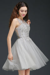 Silver Tulle Graduation Dress A Line Sleeveless Short Prom Dress with Appliques