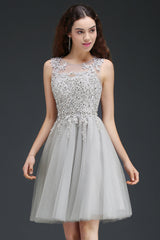 Silver Tulle Graduation Dress A Line Sleeveless Short Prom Dress with Appliques