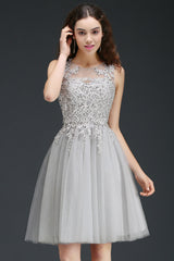 Silver Tulle Graduation Dress A Line Sleeveless Short Prom Dress with Appliques