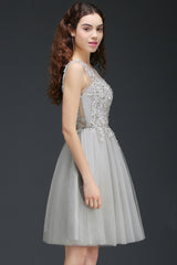 Silver Tulle Graduation Dress A Line Sleeveless Short Prom Dress with Appliques