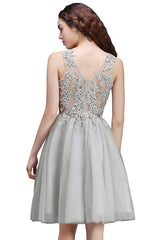 Silver Tulle Graduation Dress A Line Sleeveless Short Prom Dress with Appliques