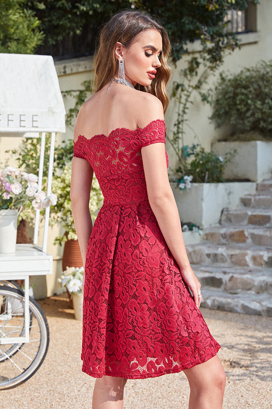 Red Off the Shoulder Lace Short Graduation Dress