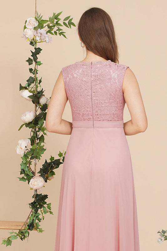 Pink Chiffon Lace Sleeveless Bridesmaid Dress