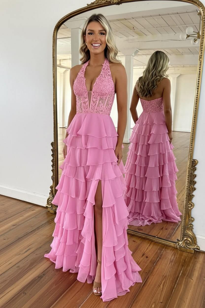 Dreamyannie Sky Blue Prom Dress Ruffled Halter Corset Evening Dress With Slit