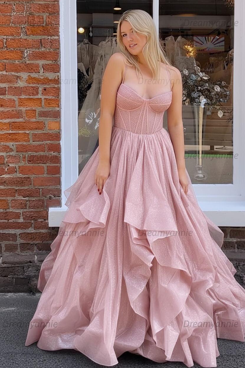 Dark Green A Line Long Corset Prom Dress With Ruffles