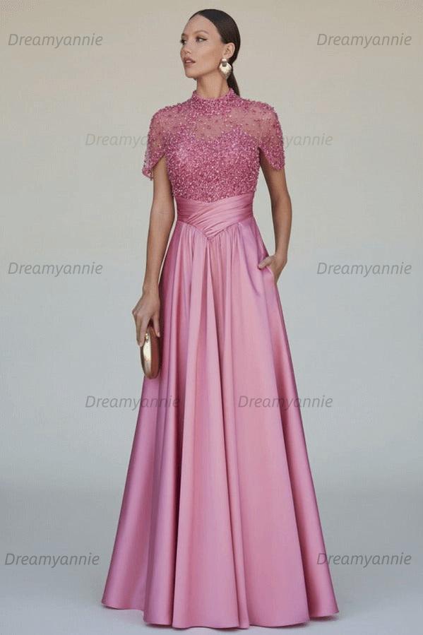 Green A Line Prom Dress Short Sleeve High Neck Beaded Evening Dress