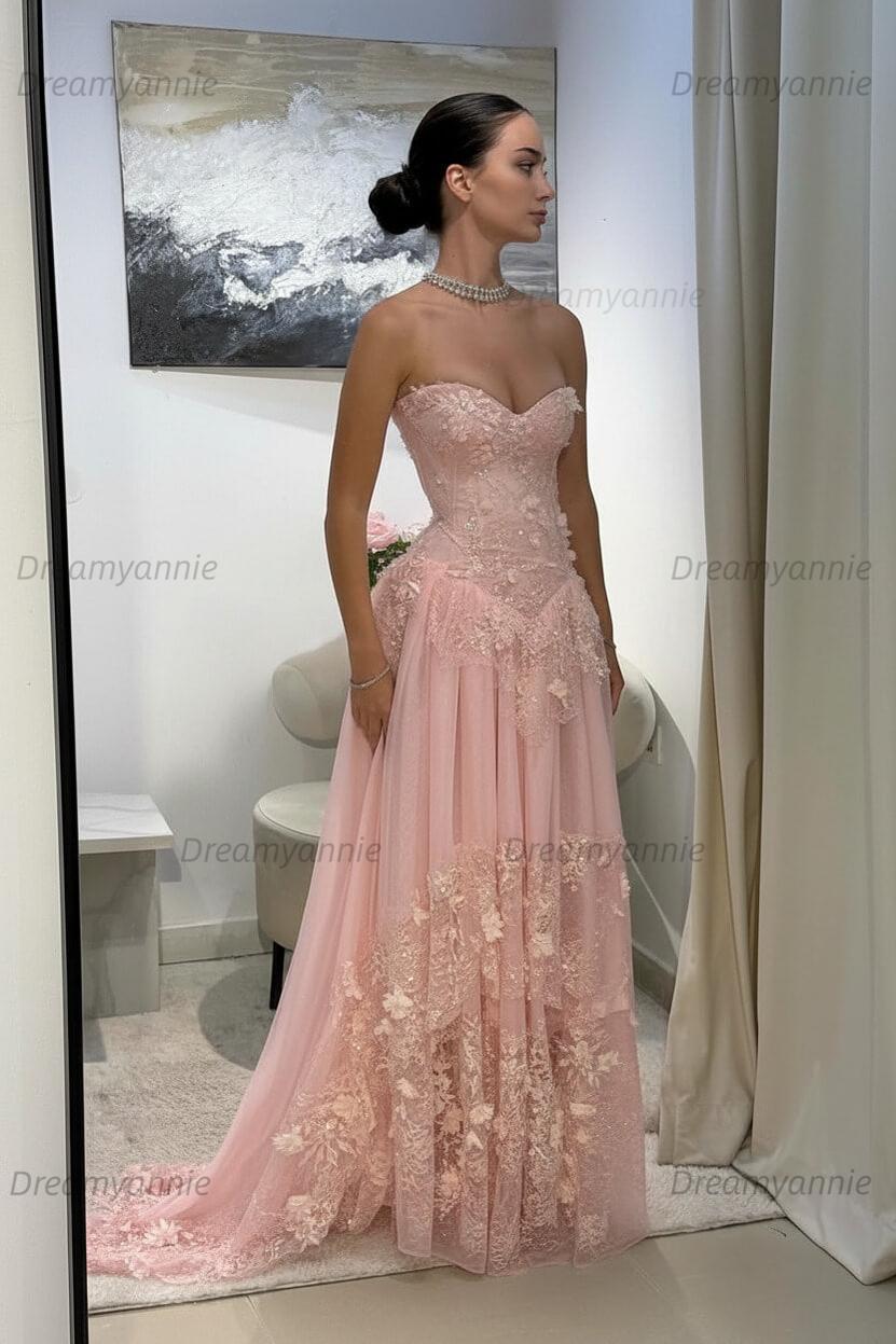 Yellow Lace A Line Prom Dress Sweetheart Lace Appliqued Formal Evening Dress with 3D Flowers