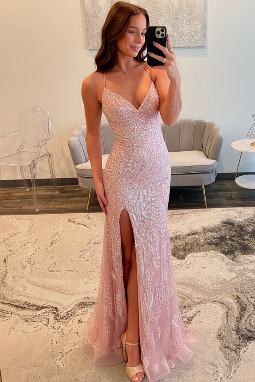Silver Sequin Spaghetti Strap Mermaid Slit Prom Dress With Crisscross Lace-Up Back Formal Evening Gown