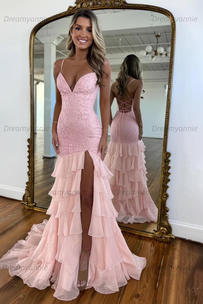 Charming Mermaid Spaghetti Straps Lace Up Long Prom Dress With Ruffle Skirt Formal Evening Gown