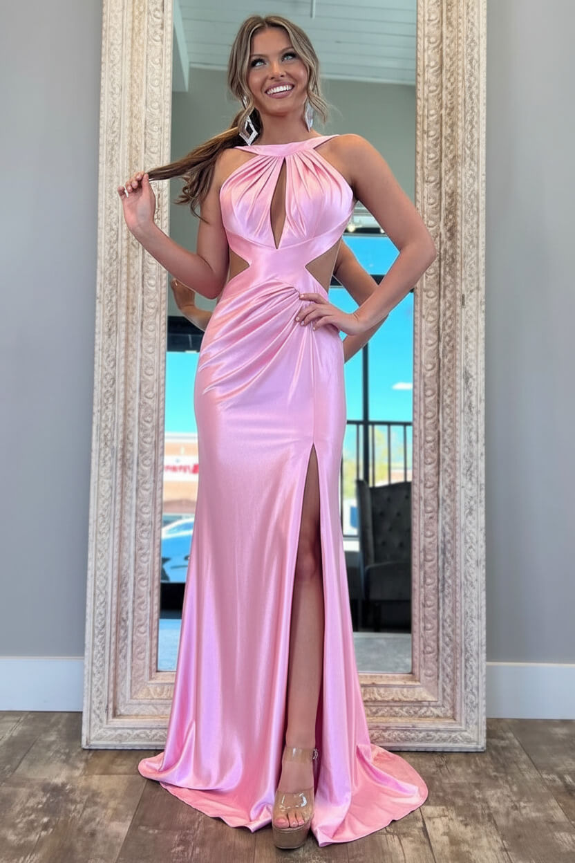 Stylish Fuchsia Metallic Mermaid Prom Dress With Slit And Open Back Formal Evening Gown
