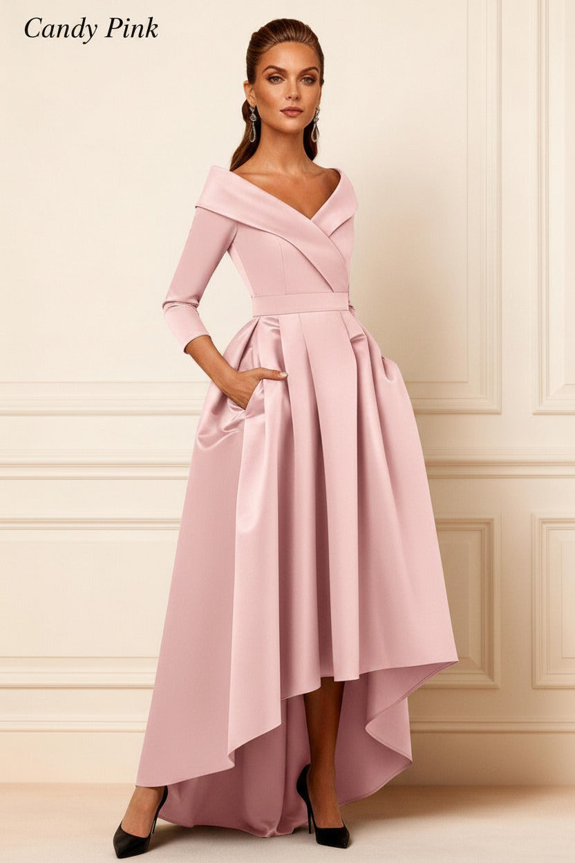 Dreamyannie Dark Navy V Neck Satin High Low Mother Of The Bride Dress With Pockets
