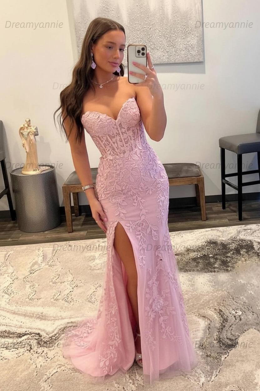 Light Blue Prom Dress Mermaid Sweetheart Corset Long Laced Evening Dress with Slit