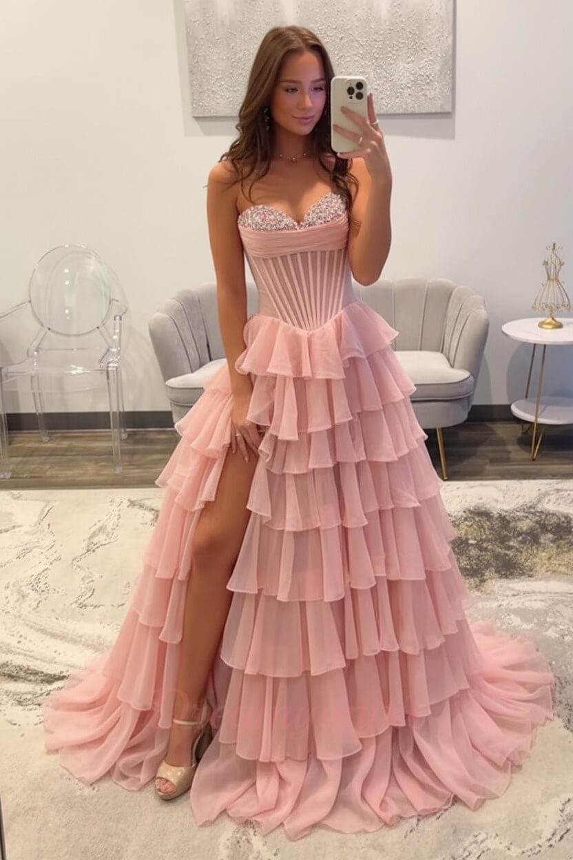 Dreamyannie Ruffled Black Prom Dress A Line Corset Long Formal Dress With Beadings