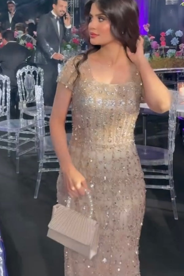 Cap Sleeve Evening Dress Beaded Sheath/Column Formal Dress
