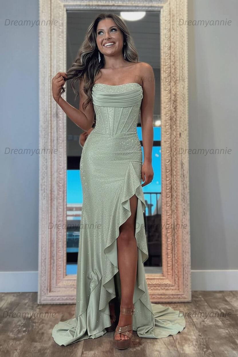 Hot Pink Beaded Prom Dress Strapless Corset Ruffled Evening Dress With Slit