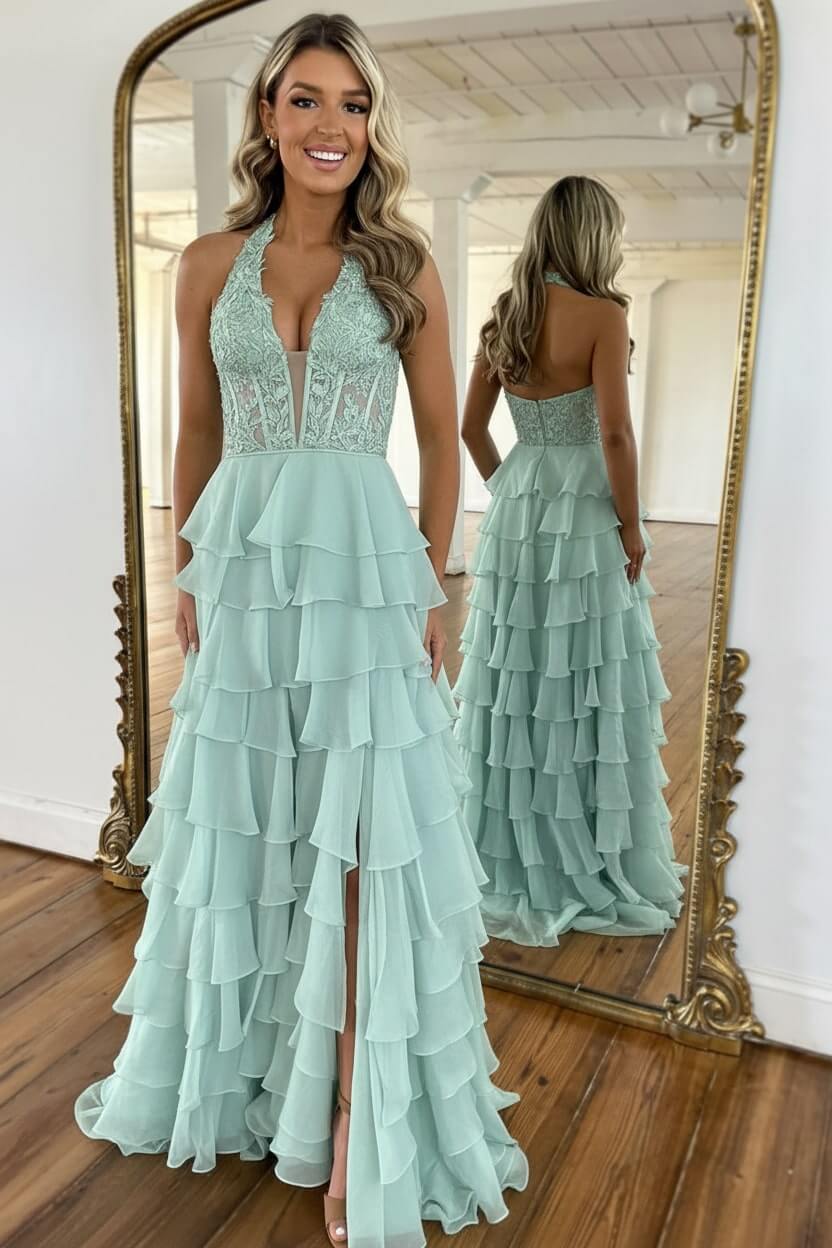 Dreamyannie Sky Blue Prom Dress Ruffled Halter Corset Evening Dress With Slit