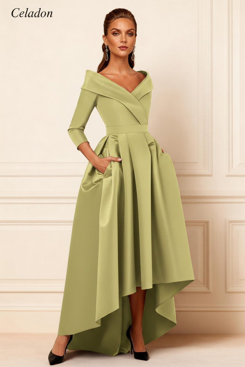 Dreamyannie Dark Navy V Neck Satin High Low Mother Of The Bride Dress With Pockets