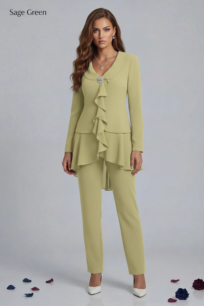 Dreamyannie Navy V Neck Ruffled Chiffon 2 Piece Mother Of The Bride Pant Suits With Sleeves