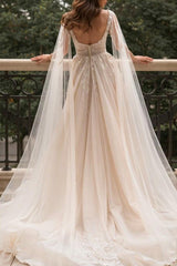 Champagne A Line Beach Wedding Dress V Neck Bridal Dress with Watteau Train