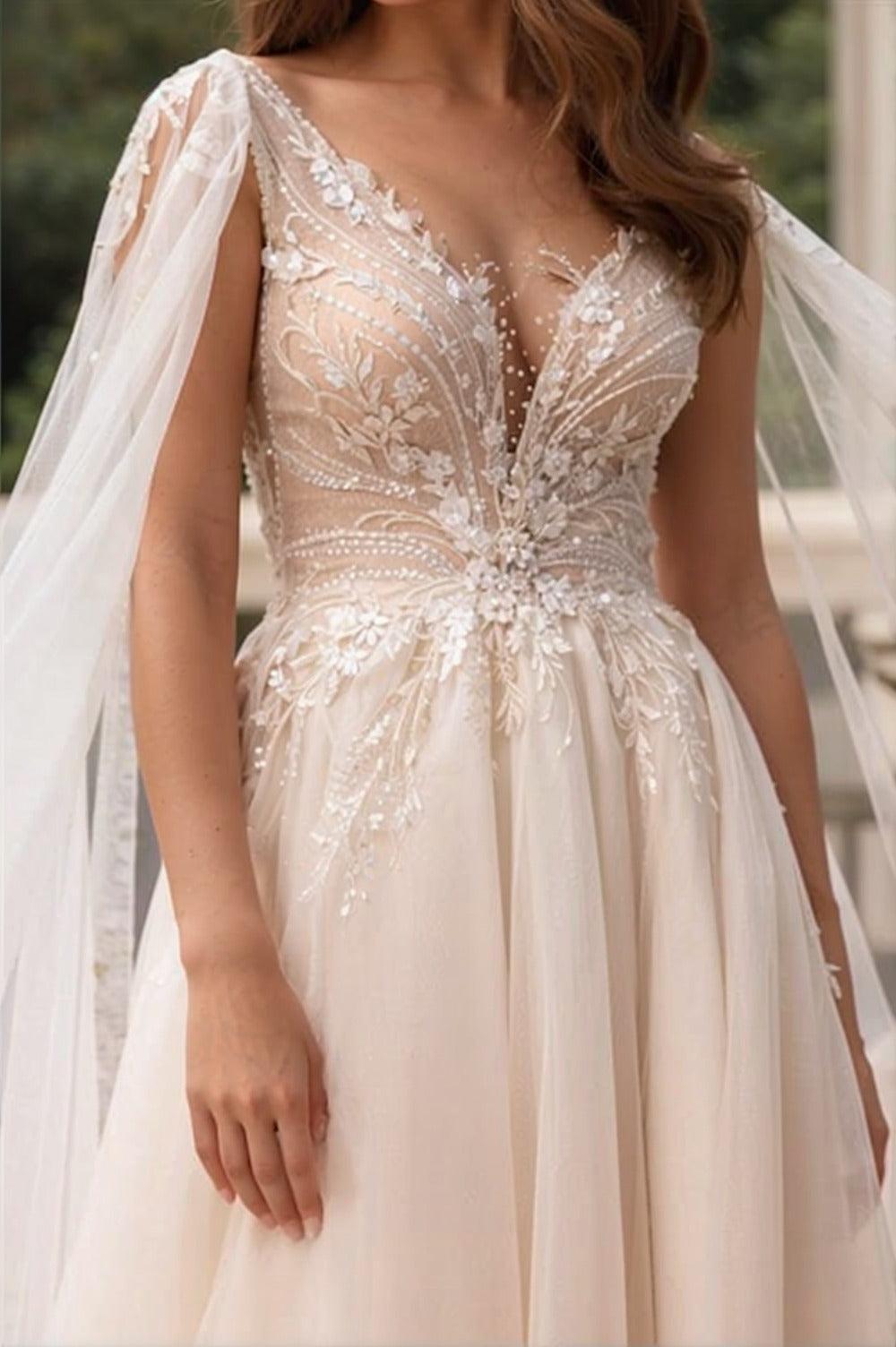 Champagne A Line Beach Wedding Dress V Neck Bridal Dress with Watteau Train