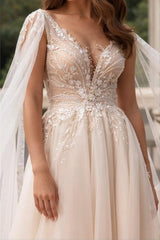 Champagne A Line Beach Wedding Dress V Neck Bridal Dress with Watteau Train