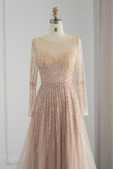 Champagne A Line Prom Dress Long Sleeve Sequined Evening Dress