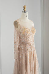 Champagne A Line Prom Dress Long Sleeve Sequined Evening Dress