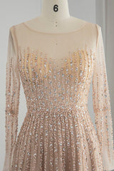 Champagne A Line Prom Dress Long Sleeve Sequined Evening Dress