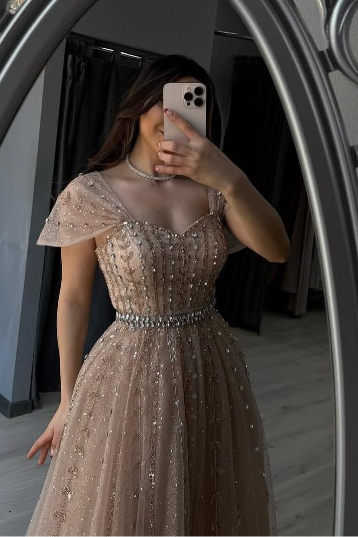 Champagne A Line Prom Dress Off the Shoulder Beaded Evening Dress