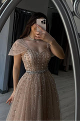 Champagne A Line Prom Dress Off the Shoulder Beaded Evening Dress