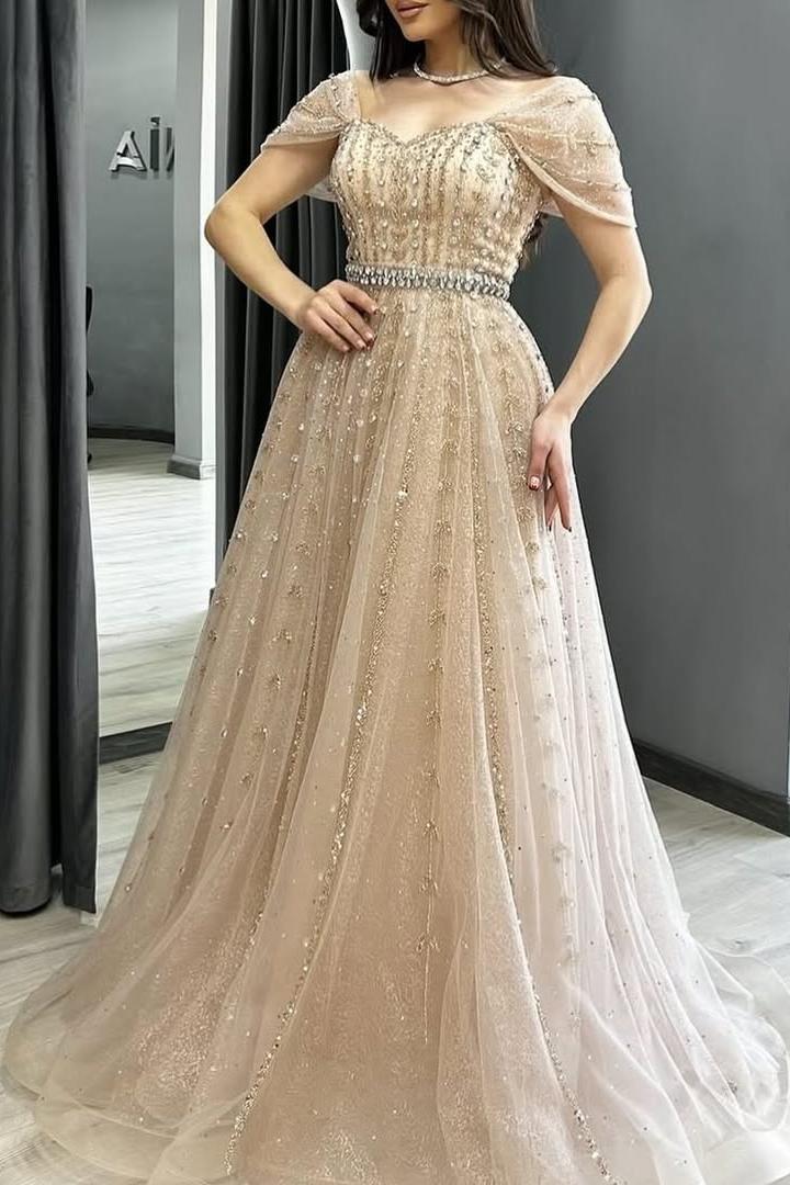 Champagne A Line Prom Dress Off the Shoulder Beaded Evening Dress