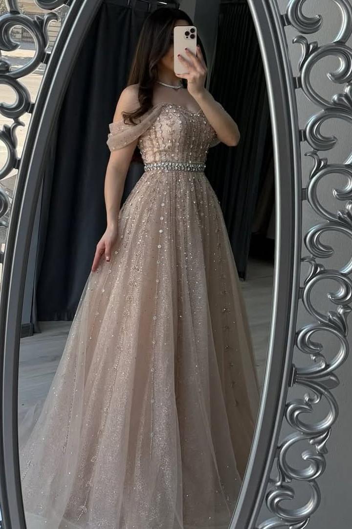 Champagne A Line Prom Dress Off the Shoulder Beaded Evening Dress